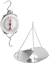 QWORK 110 lbs Large Display Spring Dial Weight Scale & Scale Scoop/Chain with Hanging Cradle, Steel Construction, for Shopping, Traveling, Kitchen, Silver